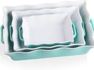 Sweejar Casserole Dishes for Oven, Ceramic Bakeware Set of 3, Rectangular Baking dish with Handles, Wave Edge Lasagna Pan Deep for Cooking, Cake, Dinner, Banquet and Daily Use (Turquoise)