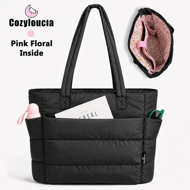 CozyLoucia Cute Puffer Tote Bag for Women Pink Flower Print Interior Laptop Shoulder Handbag, Lightweight Best Tote Bag for Work with Multiple Compartments for Travel , Work and School, Quilted Puffer Bag, Gifts For Women DealsforYouDays