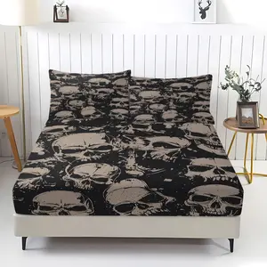 Gothic Skull Fitted Sheet with 2 Pillowcases, Not Including Flat Sheet, Soft Microfiber Deep Pocket Halloween Goth Bedding Set for Bedroom Decor