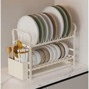 Heavy-duty double-layered plate and bowl drain rack with a storage box - Space-saving kitchenware made of durable plastic, suitable for air drying, countertop, or outdoor use, easy to assemble, heavy-duty dish storage rack