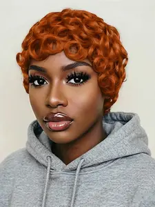 Pixie Human Hair Pixie Cut Wig, Short Curly Wavy Wig with Bangs, Natural, Rose Net Cap, Elegant Style for Women