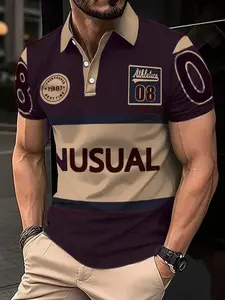 Men's Colorblock Golf Polo Shirt, Short Sleeve Summer Casual Top, 3D Print Design, Regular Fit Knitwear for All Seasons, Fabric