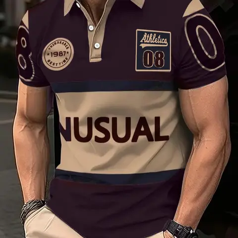 Men's Colorblock Golf Polo Shirt, Polo Style, Short Sleeve Summer Casual Top, 3D Print Design, Regular Fit Knitwear for All Seasons, Fabric, Summer Polo Shirts, Printed Polo Shirt