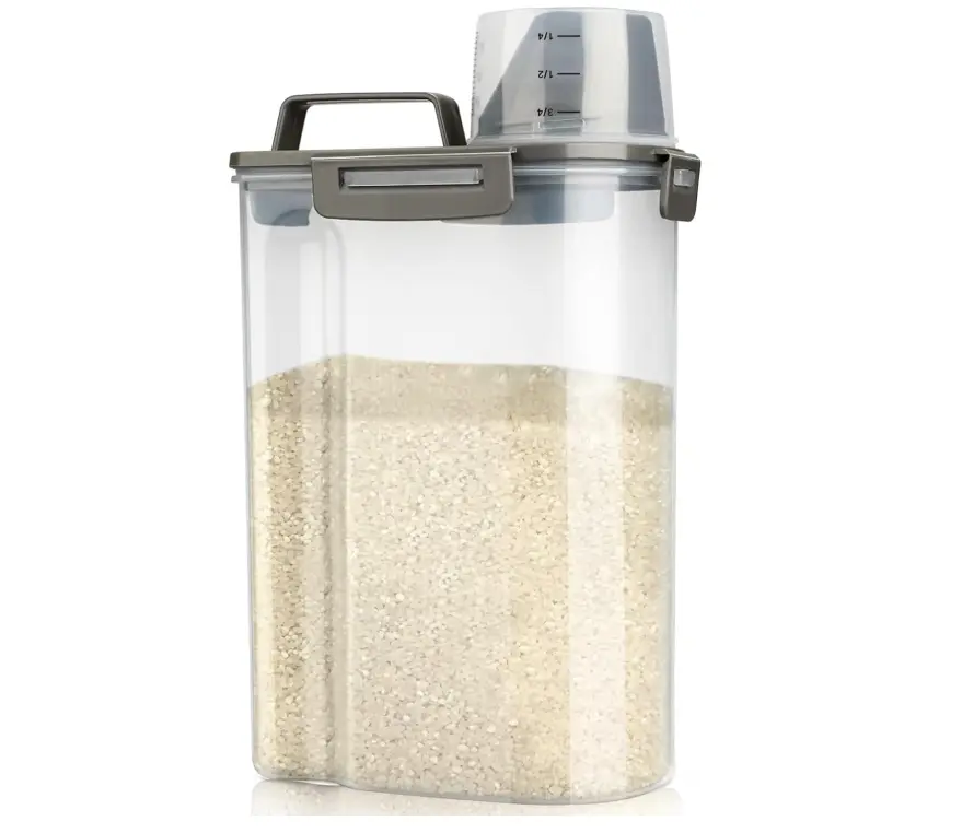 Viretec Rice Airtight Storage Container, 3 to 5Lbs Cereal Dry Food Flour Bin, Pet Dog Cat Food Dispenser with Measuring Cup, BPA Free Clear Plastic Kitchen and Pantry Organization Bin for Sugar