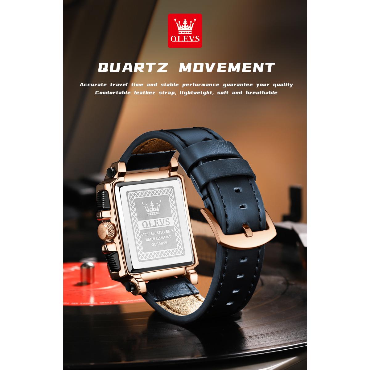 OLEVS 9919 Chronograph Multifunctional Quartz Men's Watch Leather strap 45MM Square Big Dial Leisure Sports TOP Brand Male Watch