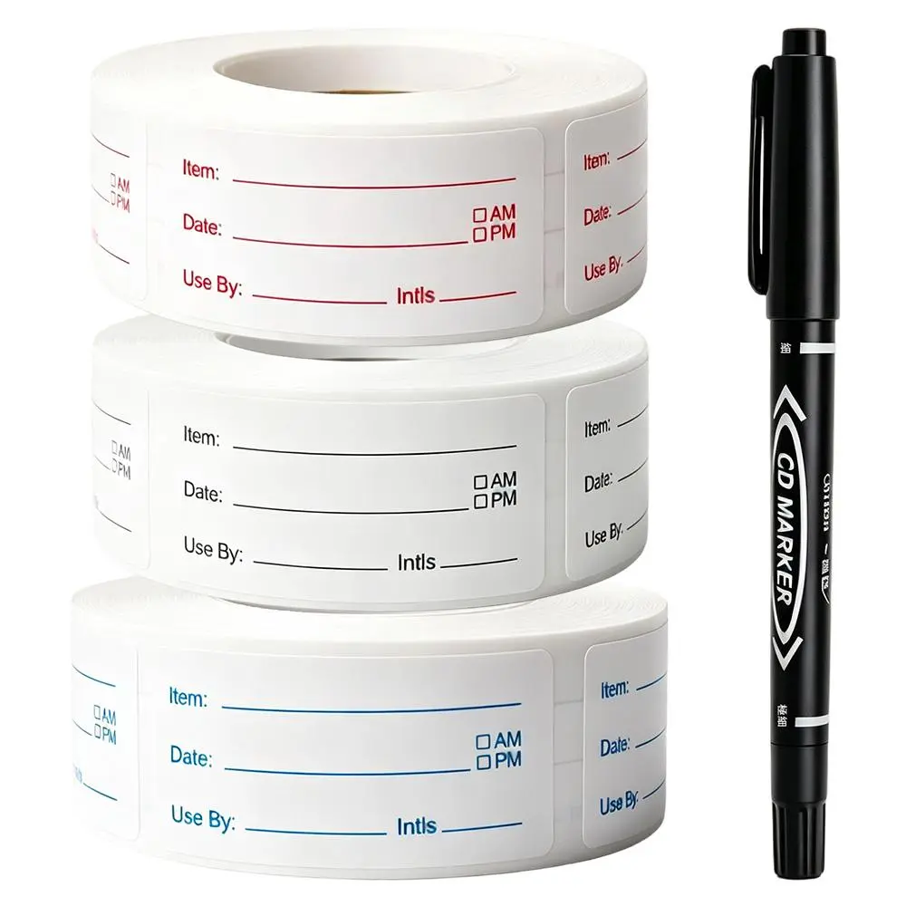 1x2 in Removable Self-Adhesive Date Labels with Bonus Pen Set (3 Rolls, 1500 Pieces) - Easy-to-Write Stickers for Dry Surfaces, Freezer, Refrigerator Kitchen Food Container Organization Tools, Labels + Pen