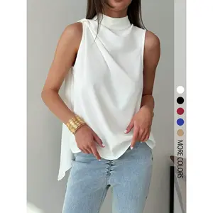 Women’s solid-color top, casual and elegant sleeveless shirt, satin ribbon design, suitable for all seasons.GARMENTARY