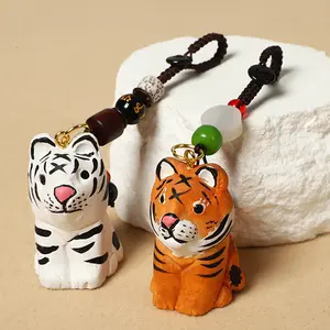 2 Pieces Wood Carving Handmade Fun Little Tiger Backpack Pendant Car Keychain Pendant Cartoon Cute Bag Pendant Valentine's Day Gift