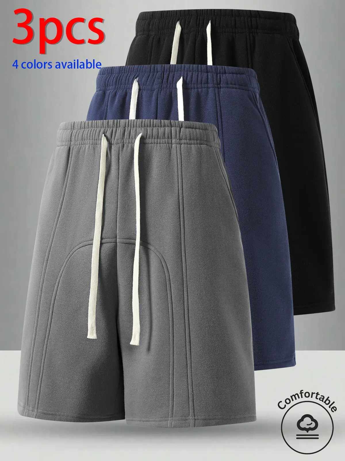3-Pack Men's Shorts: Men's Casual Shorts, Men's Knee-Length Shorts, Men's Patchwork Shorts Elastic drawstring, loose straight fit; soft and skin-friendly; 3D cut and patchwork design that conceals the hips and creates a slimmer look; available in four col