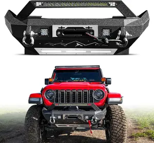 MONOKING Stubby Front Bumper for 2018-2026 Wrangler JL & Gladiator JT, Bumper with Stainless Steel Skid Plate, Winch Mount, LED Light Bar & Fog Lights, Movable License Plate