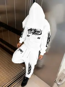 Men's Casual Hooded Sweatshirt and Drawstring Pants Set, Letter Print Flame Design, Long Sleeve Comfortable Fashion, Street Style