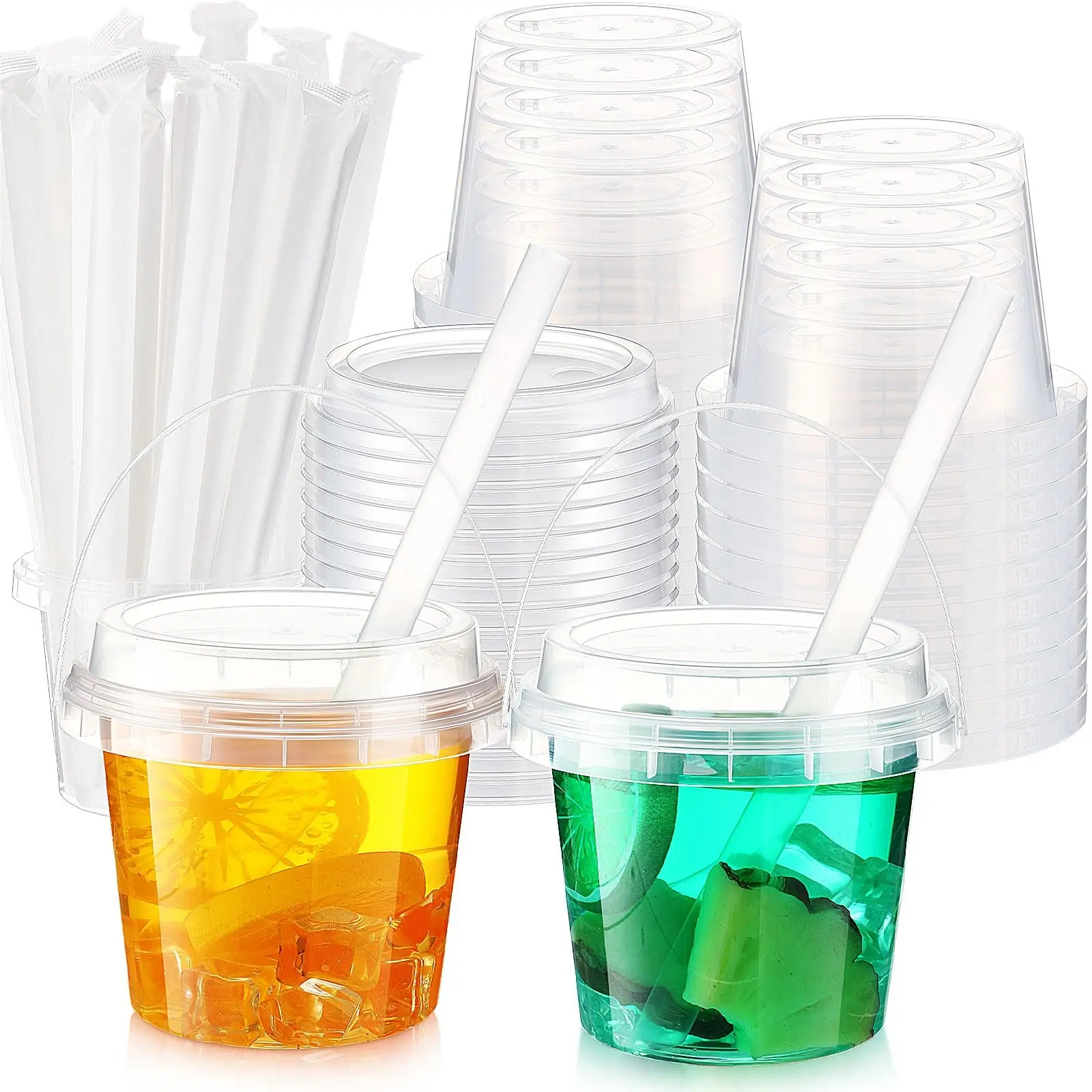 20/25-Set Disposable Clear Plastic Fruit Tea Buckets (24oz) with Handles, Lids & Straws, Food-Safe Sturdy Cups for Iced Coffee, Milk Tea