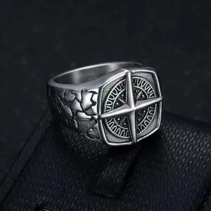 Punk Hip-hop Style Cracked Texture Compass Square Stainless Steel Men's Ring Jewelry