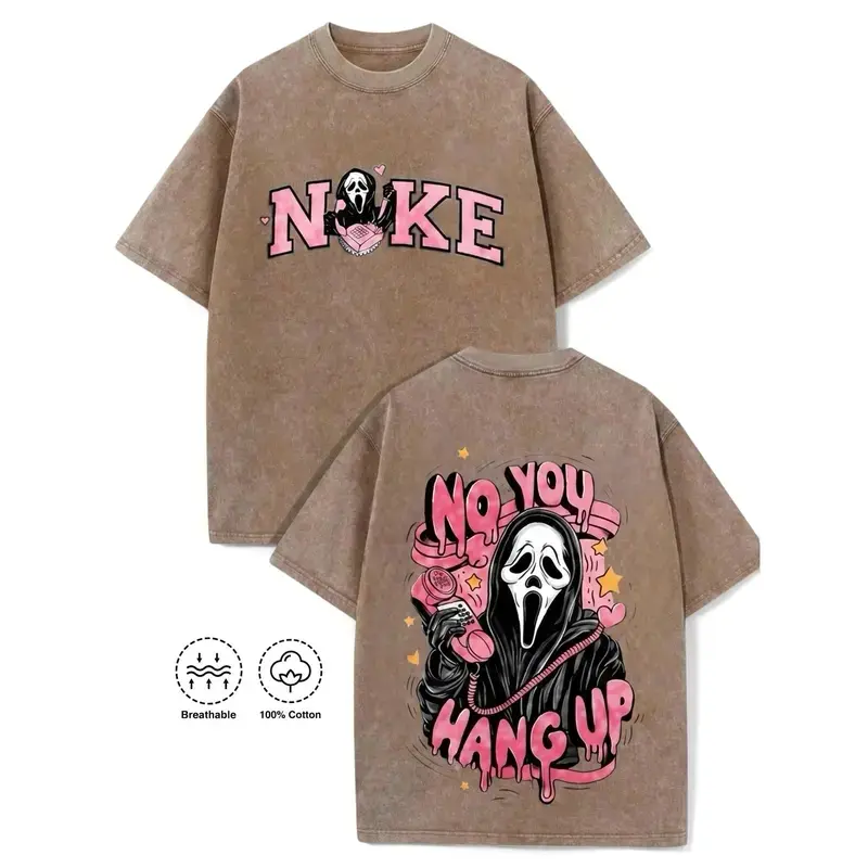 Men's Classic Seamless Breathable Fabric Vintage Acid Wash "No You Hang Up" Graphic Short-Sleeve Tee - Creepy Cute Ghost Oversized Y2K Parody Streetwear, 100% Cotton Loose-Fit Summer Casual Menswear Top