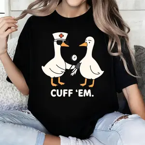 Black T Shirt With Duck Nurse And Doctor Cartoon Print Cuff Em Nurse Shirt, Goose Nurse Unisex Tee, ER Nurse T-Shirt, Silly RN Nurse Shirt, Nurse Practitioner Tee Nurse Appreciation
