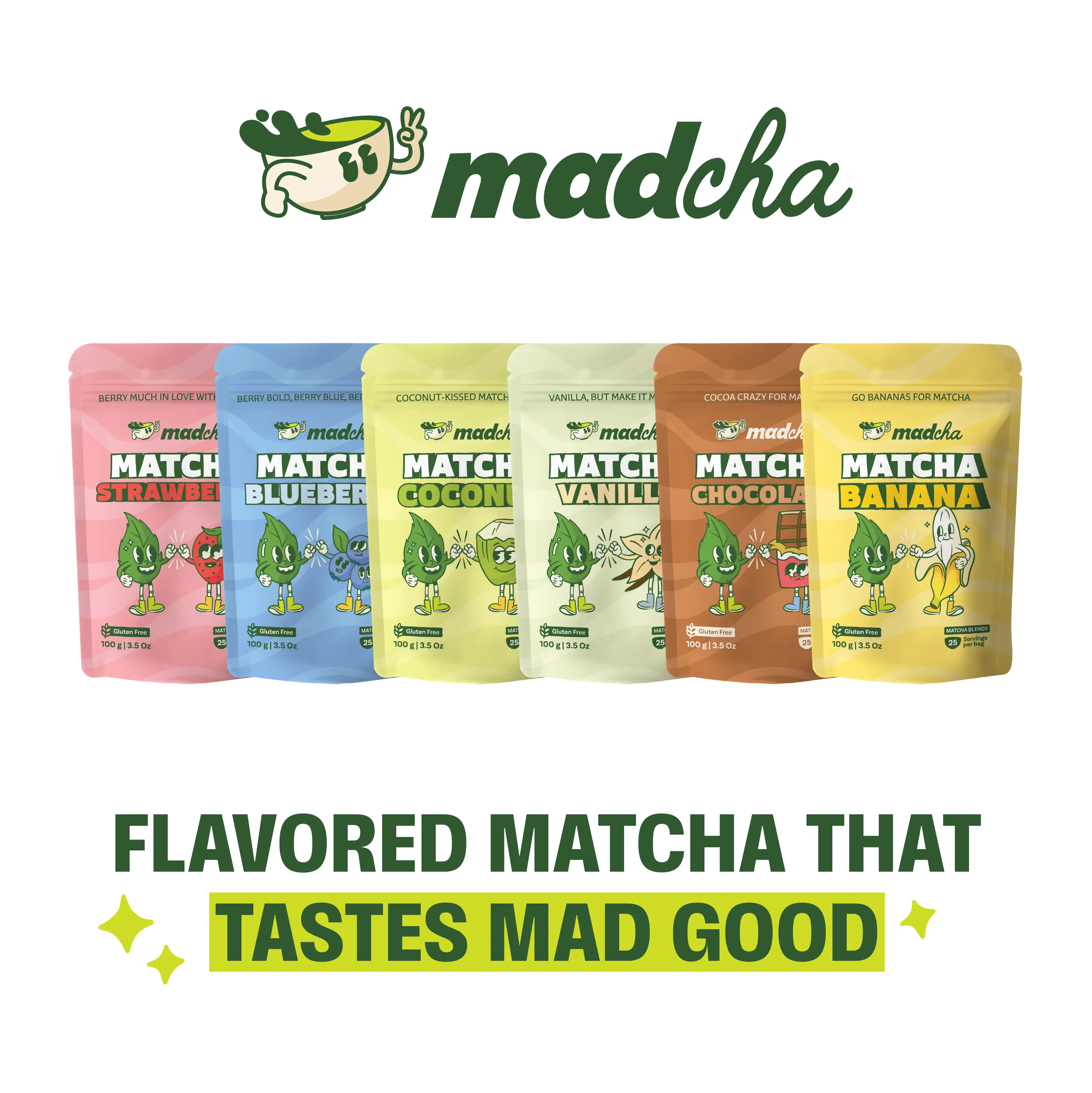 Madcha - Flavored Matcha Powder | 25 Servings | Green Tea | Less than 2g Sugar, Vegan, Gluten-Free, Dairy-Free | Low Calorie, Calm Energy Drink with Antioxidants