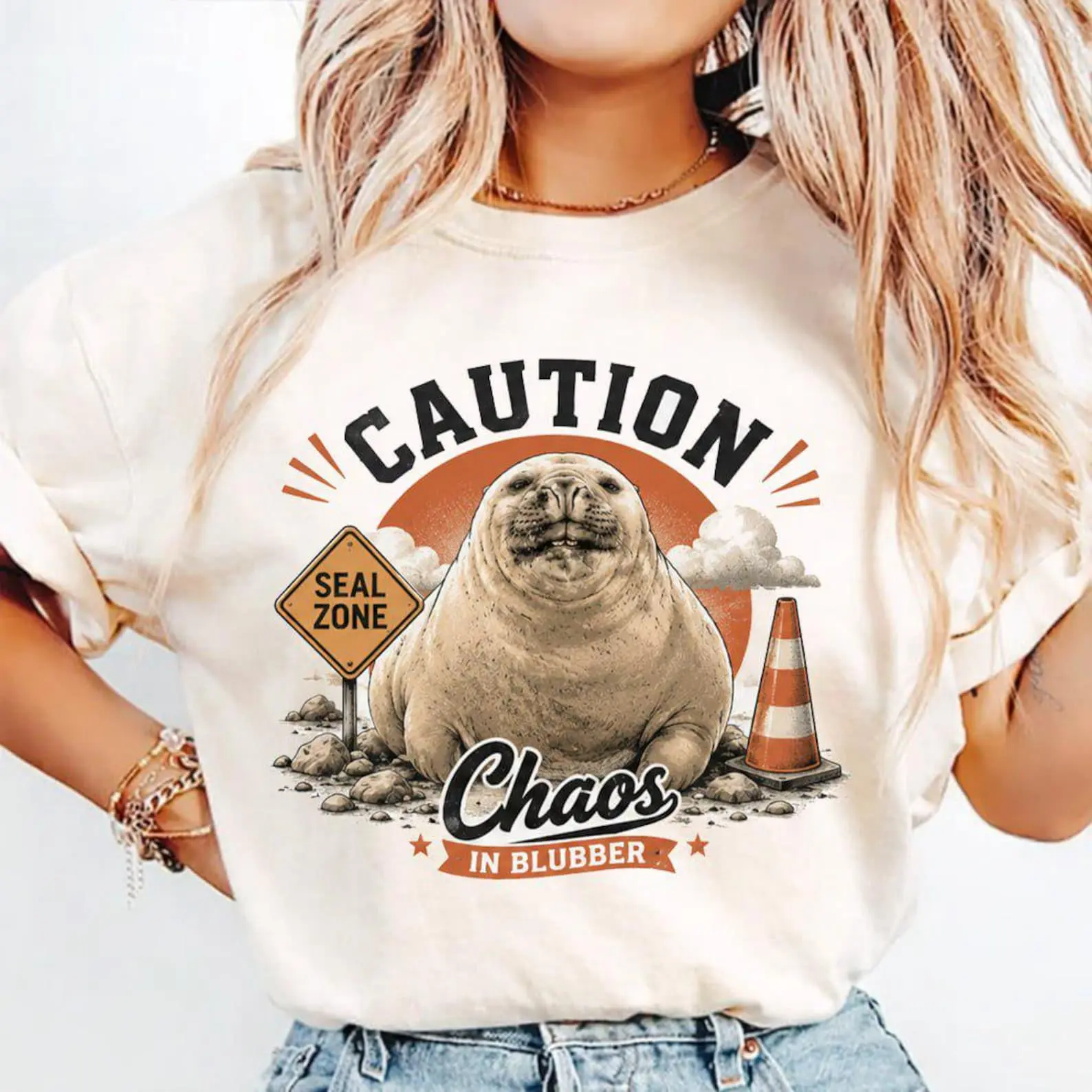 Neil the Seal Chaos in Blubber Shirt – Funny Caution Seal Zone Vintage Graphic Tee