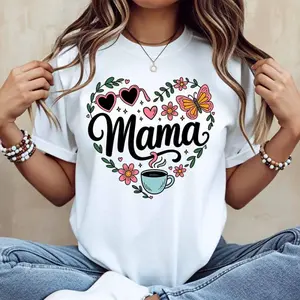 ☕🌸[100% cotton][Graphic Tee]100% Cotton Heart Flower Butterfly And Coffee Mama Print T-Shirt, White Crew Neck Casual Top, Soft Comfortable Graphic Tee for Women, Mother Day Gift, Everyday OOTD Outfit, Cute Casual Shirt, All Sizes S-3XL