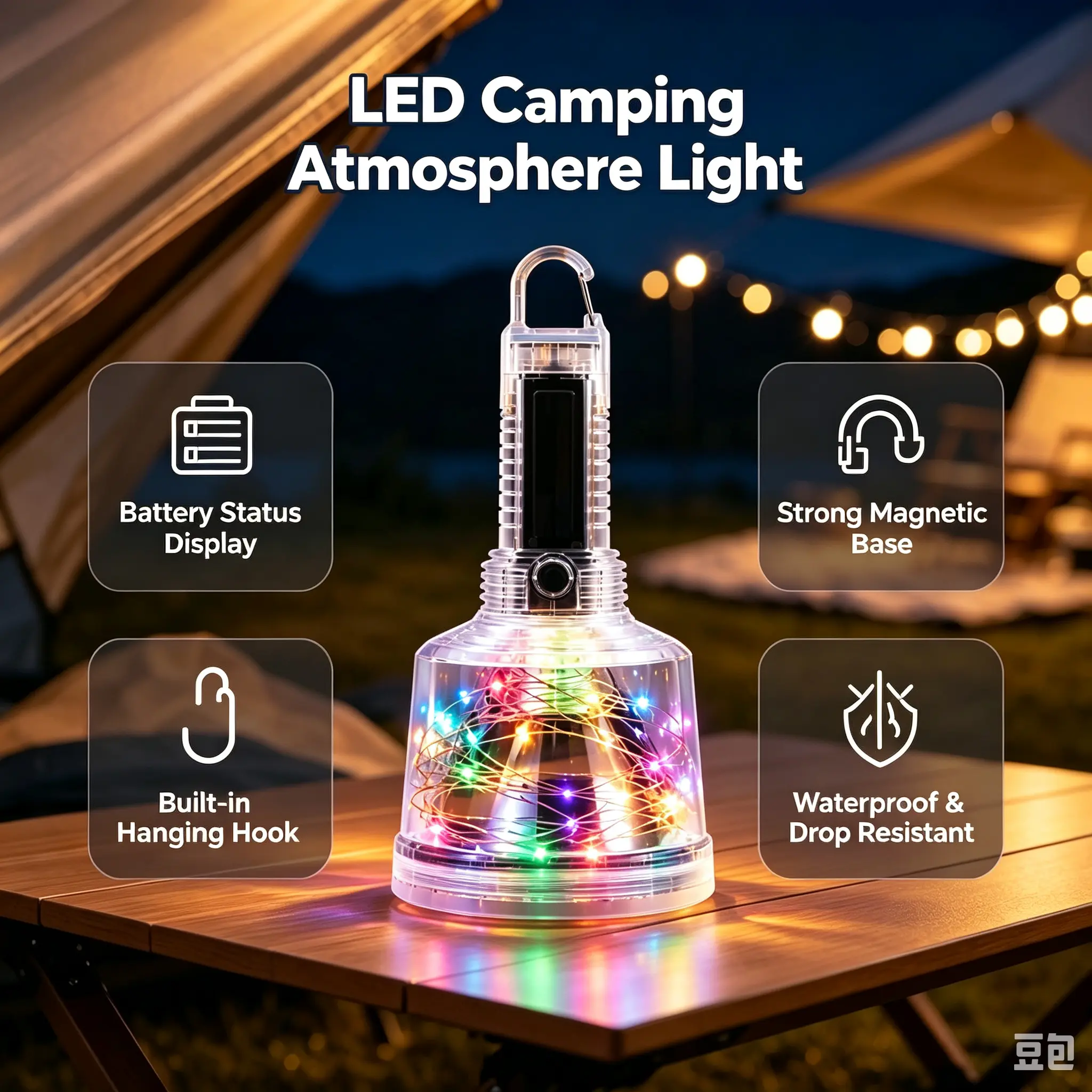 Qawtor Rechargeable LED Camping Lantern with Spotlight, Mood Light, RGB Atmosphere Glow, Strong Magnetic Base, Hook, Battery Display, Warning Flasher, USB-C Charging, Waterproof Drop-Resistant Work Tool for Camping, Emergency Use