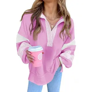 Women’s Casual Loose V-Neck Long Sleeve Color-Block Oversized Sweatshirt for Everyday Wear