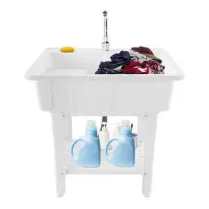 Laundry & Utility Tubs Sinks with Faucet, Freestanding Plastic Laundry Sink with Washboard, Indoor and Outdoor Utility Wash Sink w/Hoses and Drain Kit for Garage, Basement, Garden