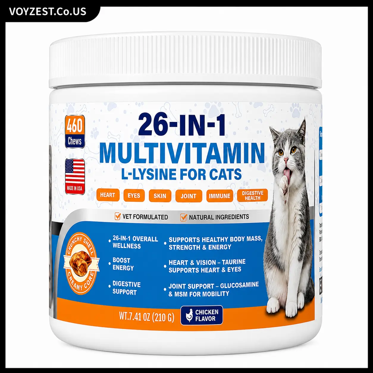 26-in-1 Cat Multivitamin Chews, Taurine & Lysine for Cats, Omega 3,6,9, Cat Vitamis and Supplements Support Immune, Skin, Joint, Digestion, Heart & Energy 460 Crunchy & Creamy Treats for Cats All Ages