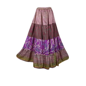 Womens Purple Floral Beach Long Skirt Patchwork Boho Skirts S/M