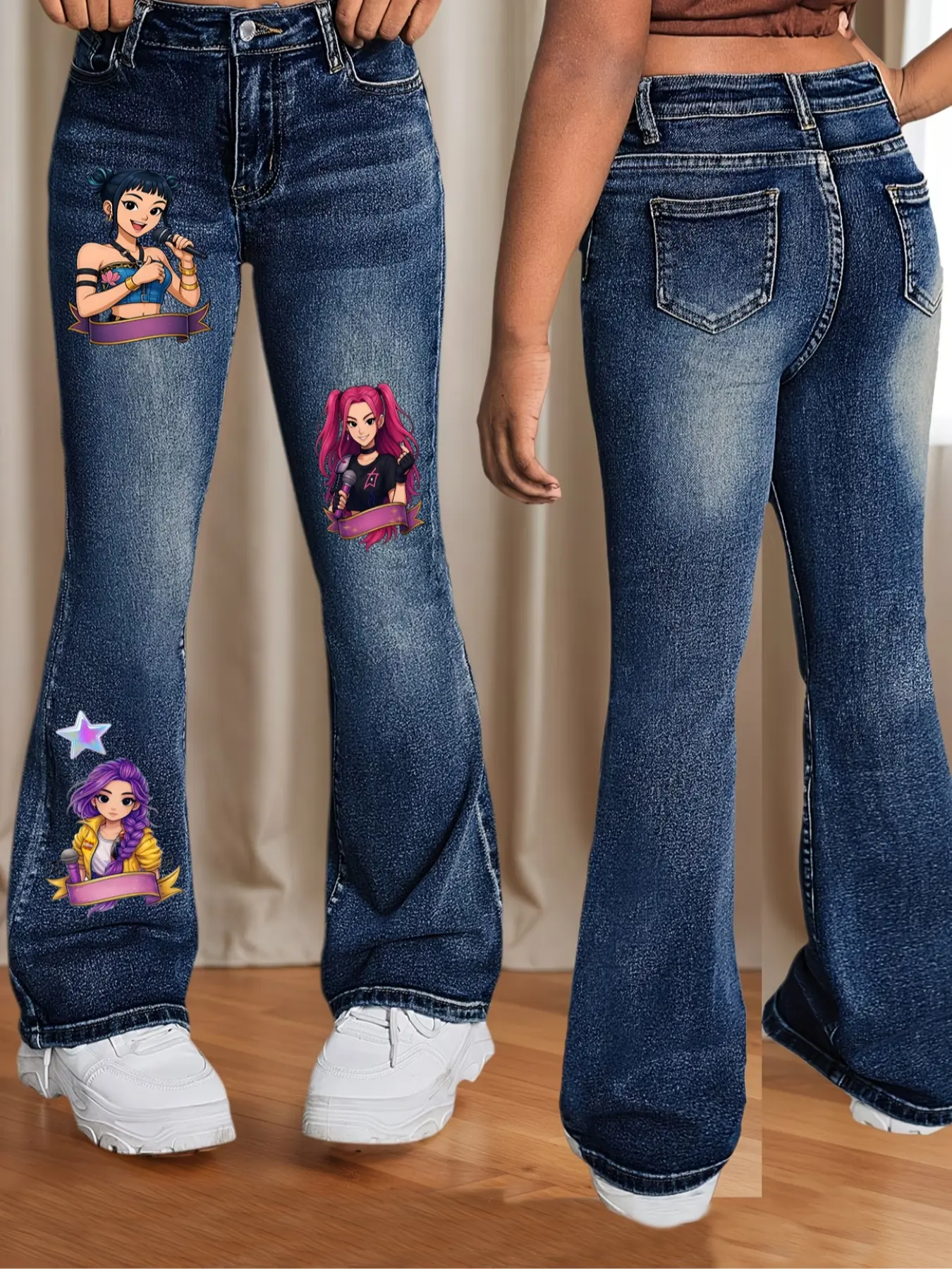 New 2026 Girls' Holiday Flared Jeans, Retro Y2K Style, Cartoon Print, Flare Leg, Distressed Details, Perfect for Spring Summer School Season