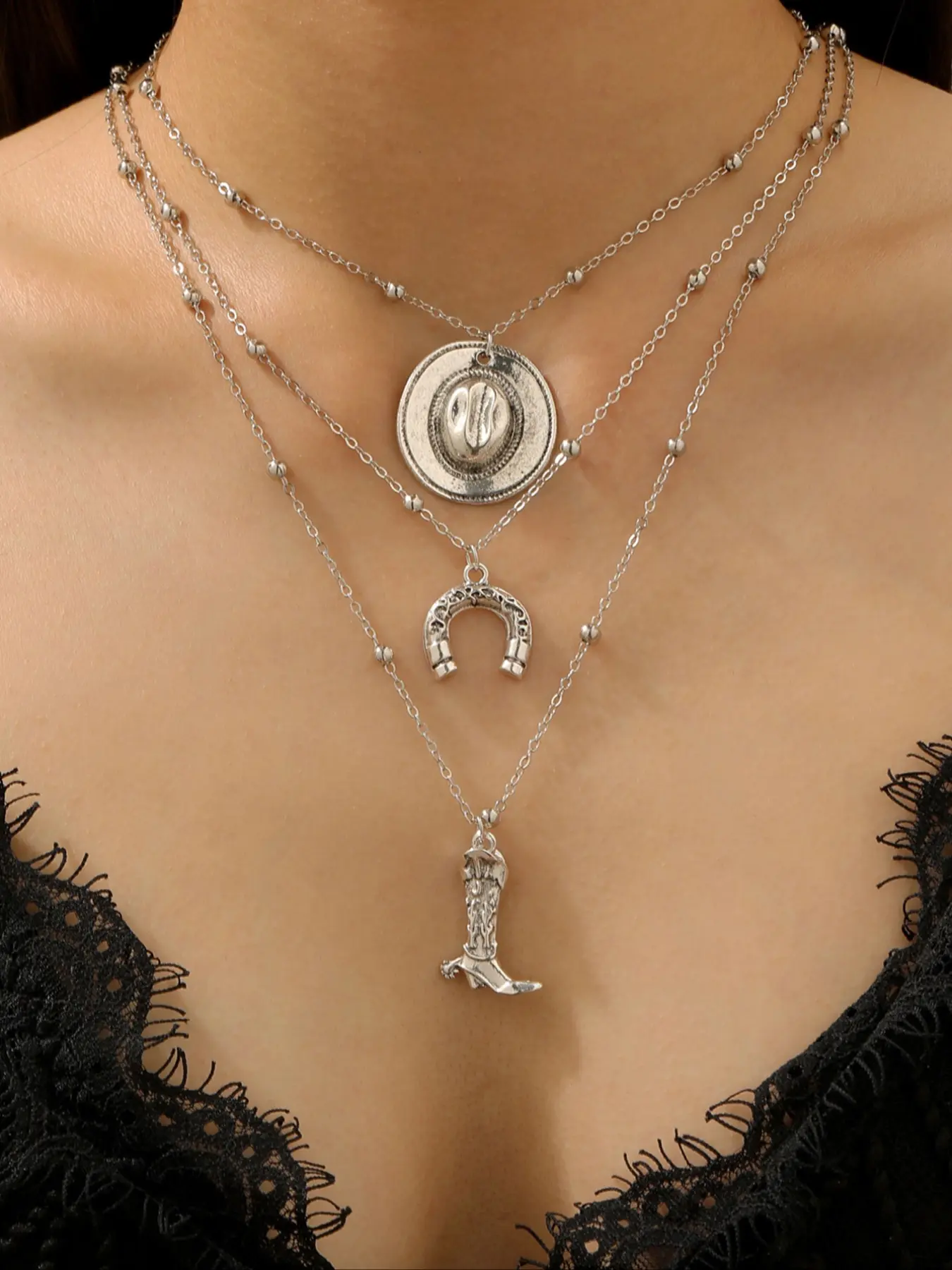 Women's Western Cowboy Boots & Hat Set, Gold/silver Color Pendant Necklace, Perfect Gift for Women, Daily Wear, Parties, Friends, Modern Versatile Accessories