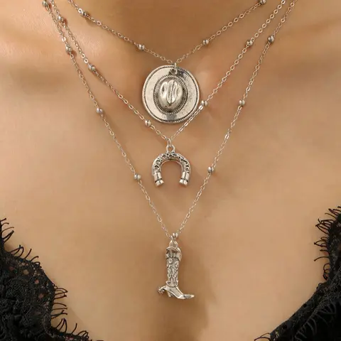 Women's Western Cowboy Boots & Hat Set, Gold/silver Color Pendant Necklace, Perfect Gift for Women, Daily Wear, Parties, Friends, Western Style Jewelry