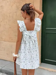 Women's French Style Floral Mini Dress, Square Neck Short Sleeve Back Bow, Bohemian Vacation Wear, Daily and Holiday, Summer