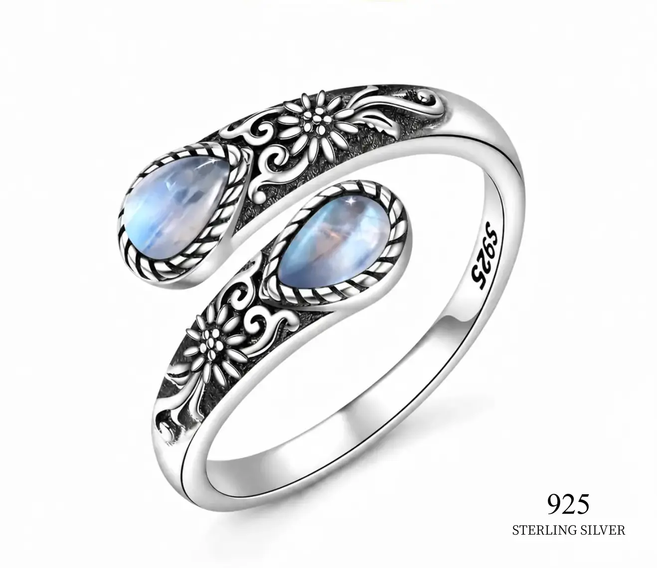 Women's S925 Sterling Silver Moonstone Adjustable Thumb Open Ring - Vintage Victorian Floral Band, Hypoallergenic Nickel-Free, Women's Fashion Female Daily Wear Jewelry Gift for Valentine’s Day, Easter, Halloween, Vintage Victorian Floral Boho