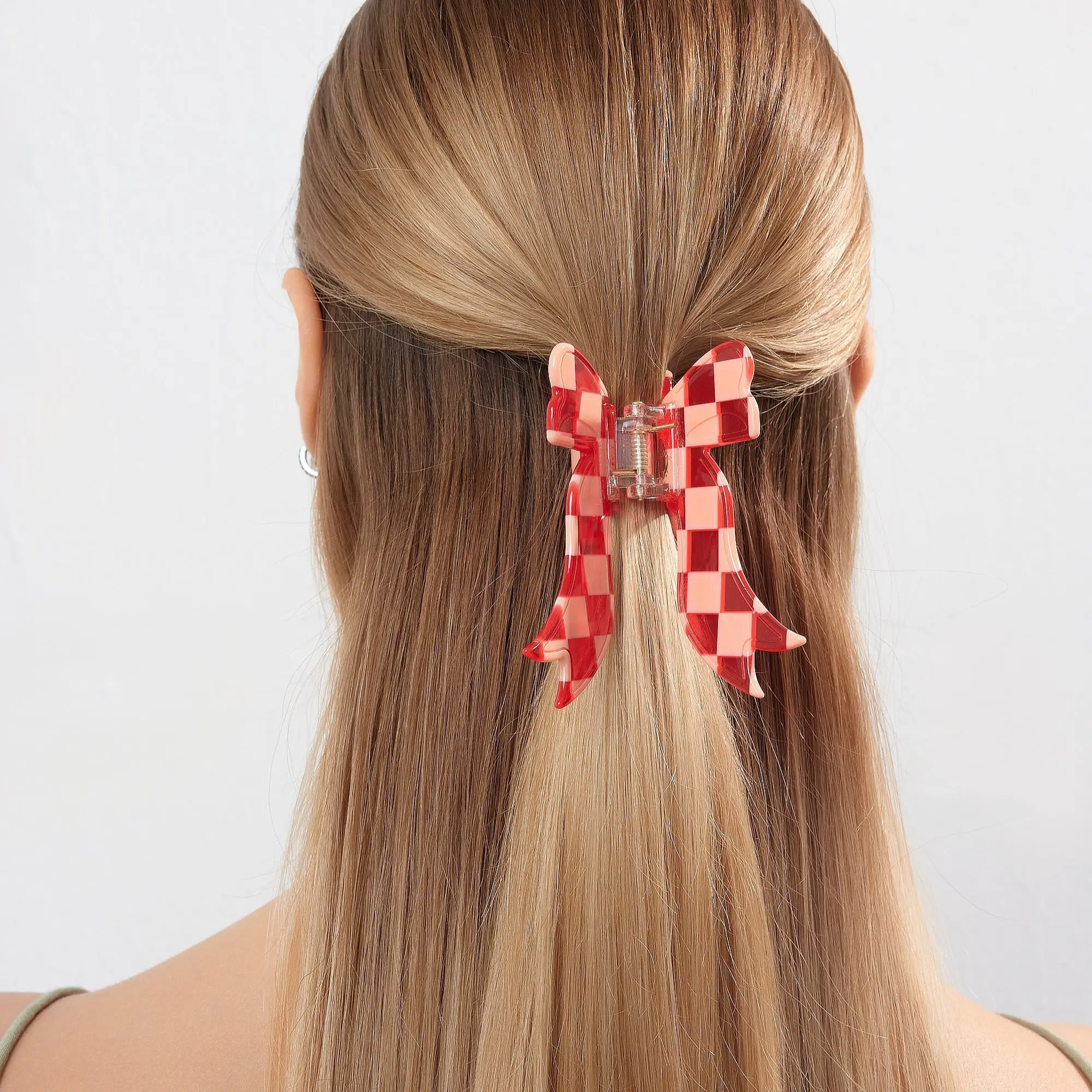 Checkered Red Bow Claw Clip