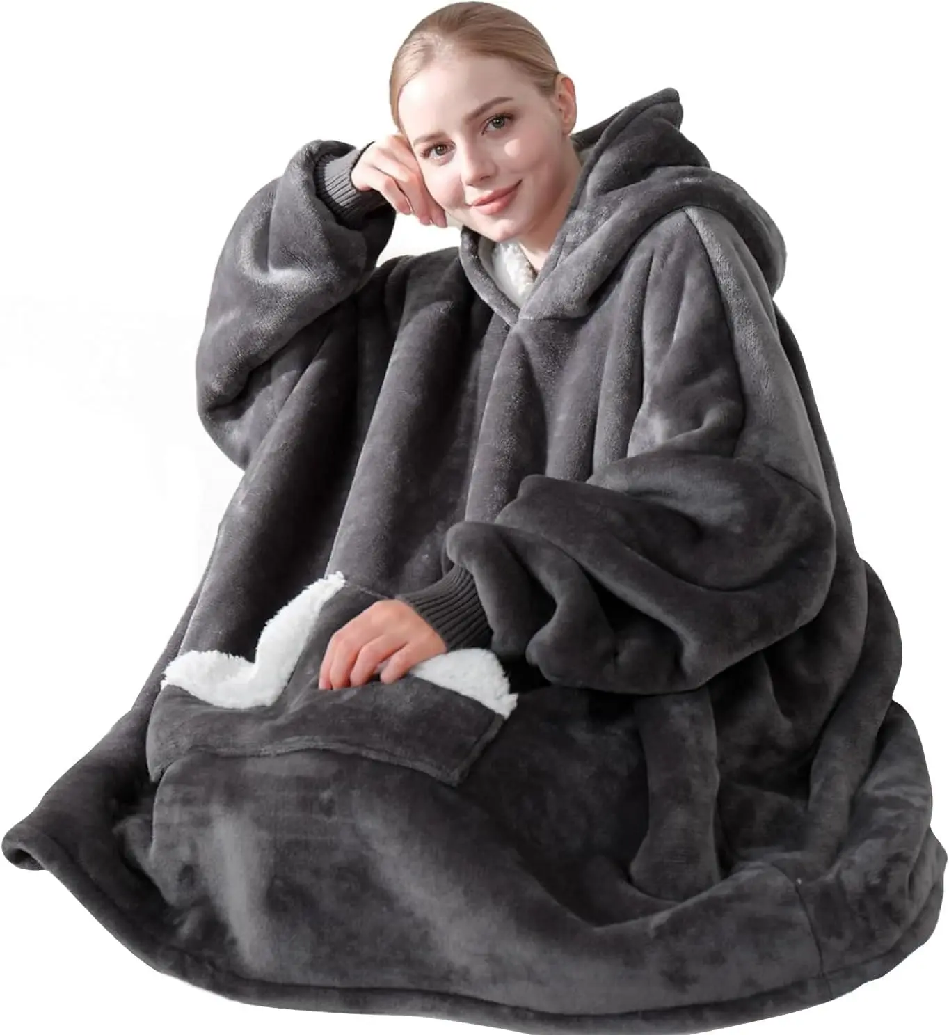 Oversized Sherpa Fleece Wearable Blanket Hoodie for Adults, Warm Cozy Grey Sweatshirt Blanket with Giant Hood, Pocket & Sleeves, Ideal Gift for Women