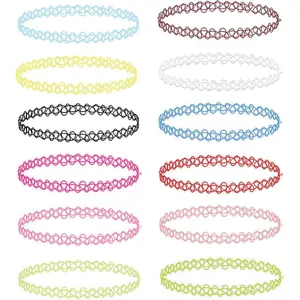 12PC Tattoo Choker Necklace Set - 90s Accessories 2000s  - Pink Blue Green Colorful Rainbow Gothick Black - Stretchy Multicolor Collar