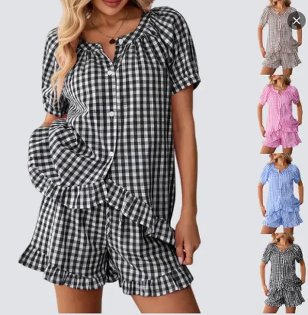 Women's Gingham Pajama Set, 2 Piece 100% Cotton Ruffle Nightwear, Flared Babydoll Top and Short Pants for Everyday Nursing Wear, Pleated, Shortsleeve