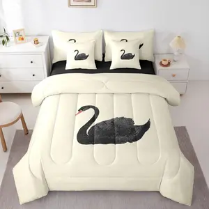 Vintage Swan 7 Pcs Comforter Set,Classical Animal Bedding for Kids Teens Black Swan Waterfowl Quilt Farmhouse Room Decor Zwaan Wild Animals Oil Painting Sheet Set,Bed in A Bag,White