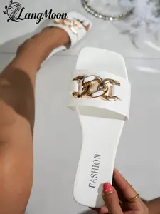 Women's Casual Slide Sandals, Comfortable Summer Flip Flops, PU Leather, Rubber Sole, All Seasons, Beach, Home, Daily Wear, Chain Decorated Slides
