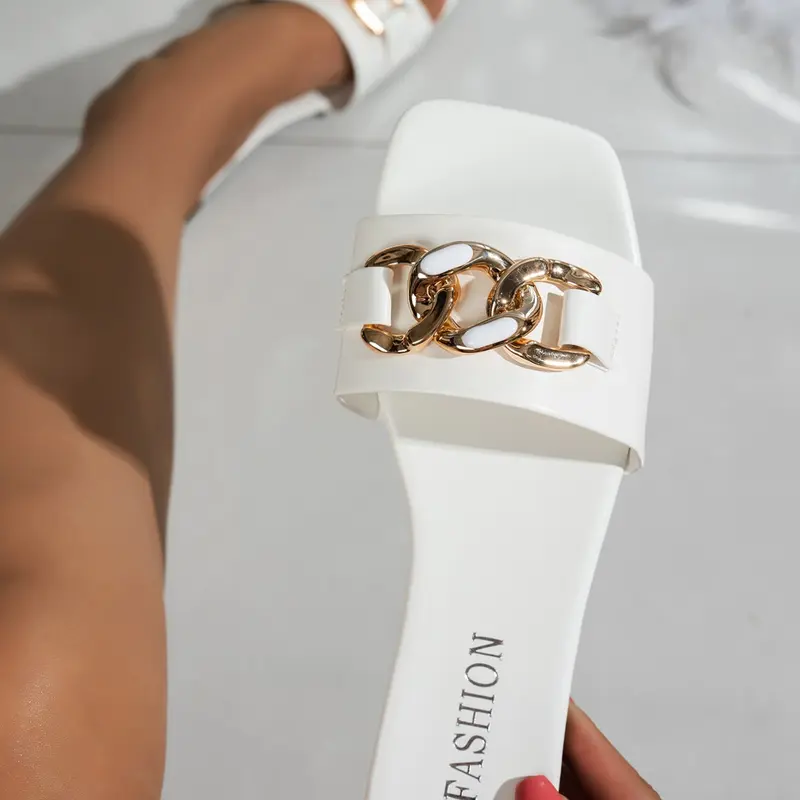 Women's Casual Chain-Decorated Slide Sandals, PU Leather Upper, Rubber Sole, Comfortable for Summer Beach, Home & Daily Wear, Suitable for All Seasons, Chain Decorated Slides