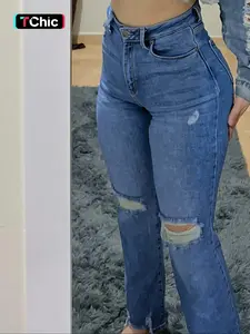 Women's Plain High Waisted Ripped Stretchy Jeans, Casual Comfy Denim Trousers for Daily Wear, Ladies Bottoms for All Seasons