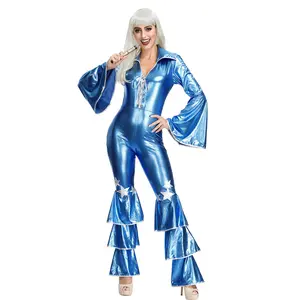 Retro Disco Diva Cosplay Costume – Shiny Blue 70s Halloween Jumpsuit