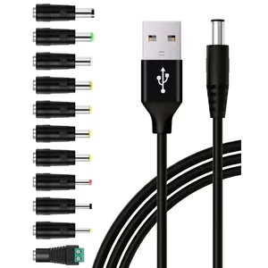USB to DC 5V Power 5.5x2.1mm Plug Cord with 11 Interchangeable Jack Connectors for LED Light, Speaker, Lightsaber, Router, Fan &  - Device