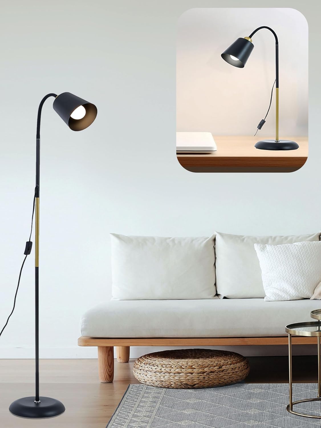 Short Floor Lamp, AoMck 2 in 1 Reading Table Lamps with Adjustable Bendable Neck, Standing Lamp for Living Room Bedroom Office, 12W Bulb Included (Black)