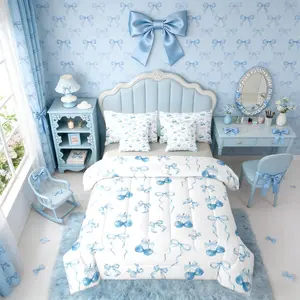 Girls Blue Bow Bed in A Bag,Dreamy Princess Blue Ribbon Bow Comforter Set with Sheets for Teens Women Cute Room Decor,Cherry and Bows 7 Pcs Bedding Set,Bowknot Bed Sets