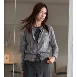 URBAN REVIVO Women's Bodycon Wool Knitwear Cardigan - Long-Sleeve, Medium-Length, Embroidered Color-Block Striped, Tie Detail, Trending Spring Casual OL Urban Style Clothes