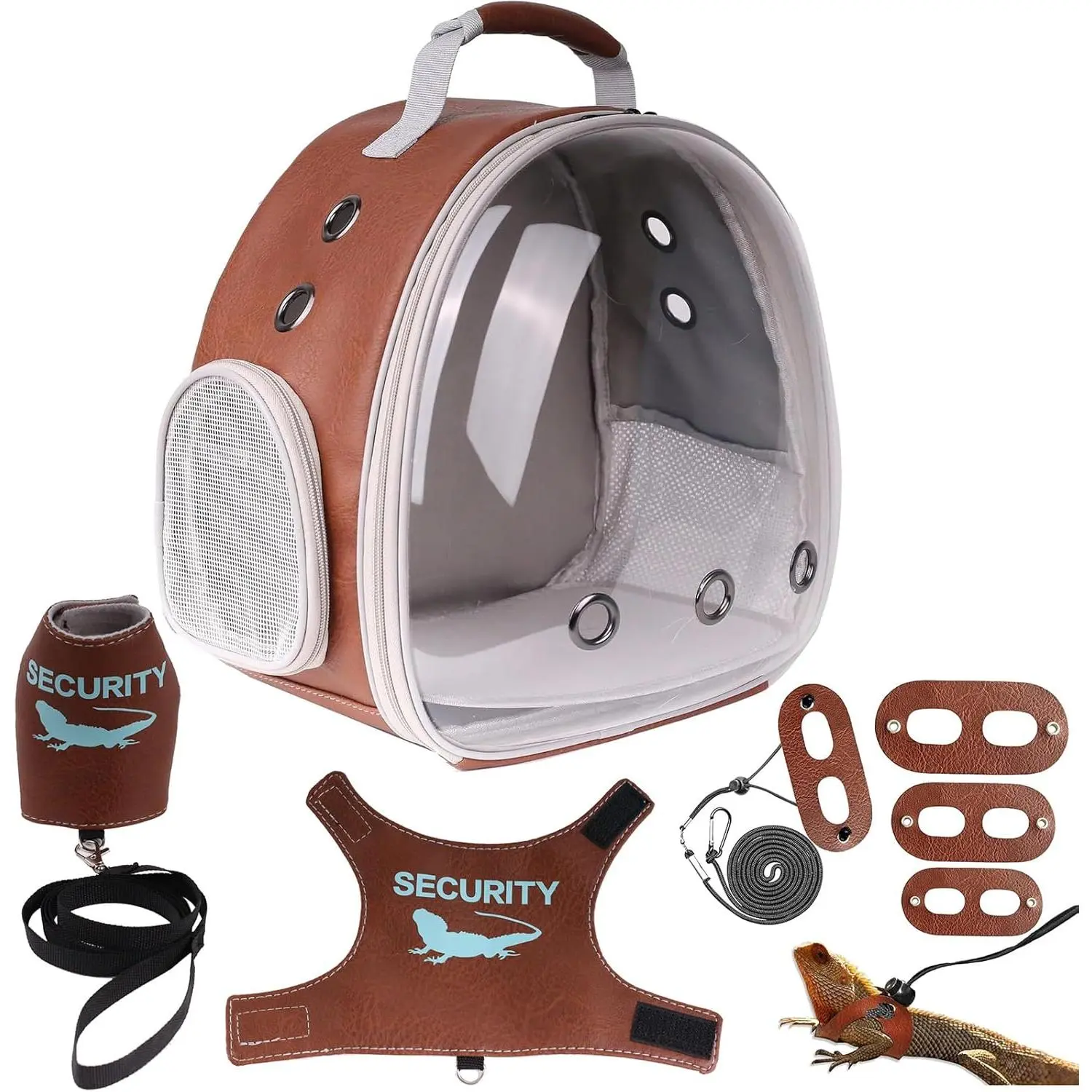 Bearded Dragon Carrier Backpack with Two  Printing Harness with Leash Sets, Reptile Lizard Travel Bag to Carry and Transport Small  Kitten Bunny Guinea Pig to Vet(Brown, PU Leather)