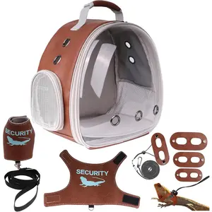 Bearded Dragon Carrier Backpack with Two  Printing Harness with Leash Sets, Reptile Lizard Travel Bag to Carry and Transport Small  Kitten Bunny Guinea Pig to Vet(Brown, PU Leather)
