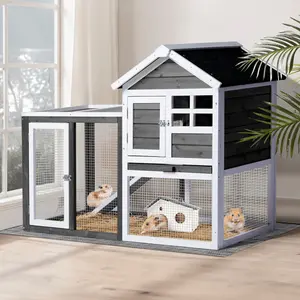 Wood Rabbit Hutch, Guinea Pig Cage with Pull Out Tray, 2 Levels Bunny House for Small Animals Outdoor Indoor Wooden Hamster Cage Hamster Cage Habitat
