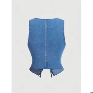 WomenTankTops Bow s70sOutfitCasualSlimFitDenimVestWithTieStrap tiktokMODWomen Blue