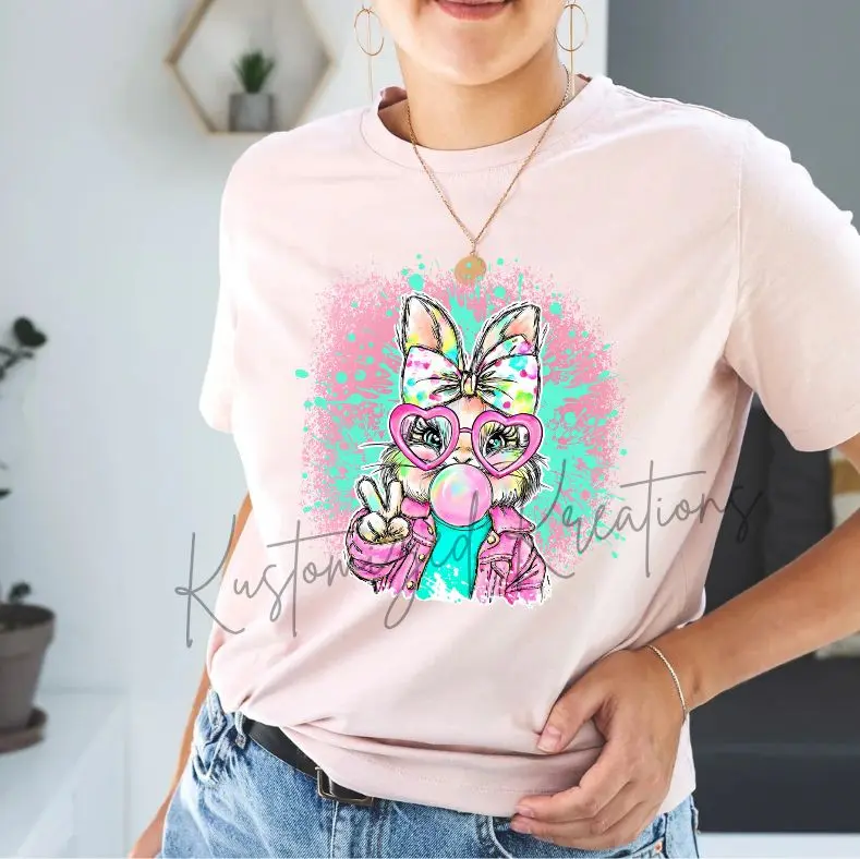 Bunny Easter Bubble • T-shirt Tee Shirt Comfortable Unisex Top Sublimation Casual Graphic Shirts Cute Bunny Rabbit Watercolor Adorable